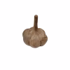 Figura decorativa de ajo tallado en madera con acabado rústico y tallo alargado.