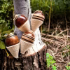 Cuatro trompos de madera tradicionales con sus pitas blancas enrolladas, apoyados sobre el tronco de un árbol en un entorno natural.