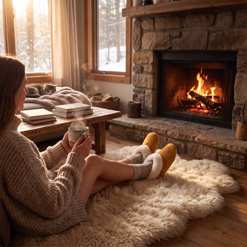 Mujer relajándose frente a la chimenea en invierno usando pantuflas de lana natural y cuero de reno color camel.