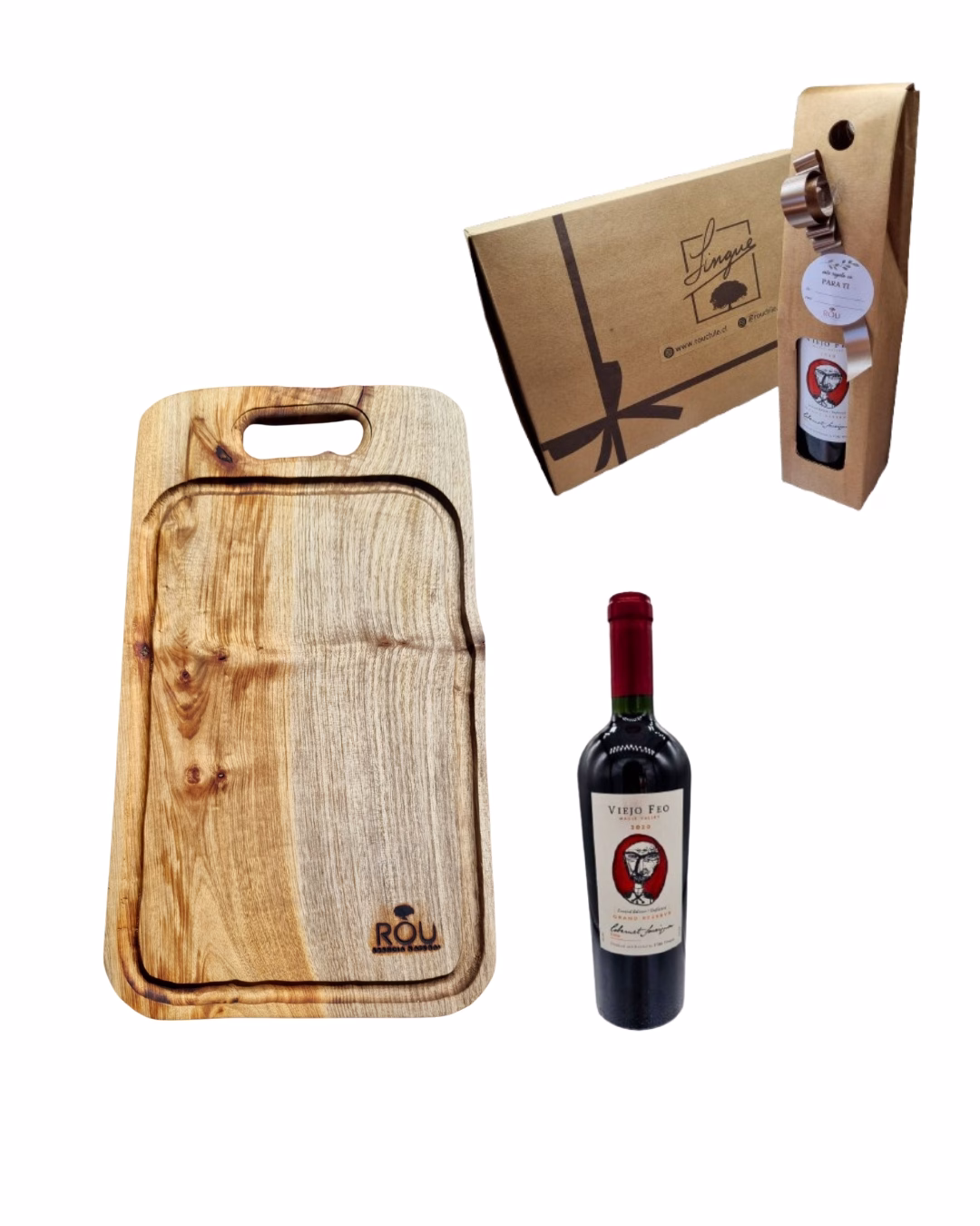 Set de regalo para parrilleros que incluye una tabla de asado de madera nativa de 50 cm, vino tinto Gran Reserva y elegantes cajas de presentación de cartón kraft.