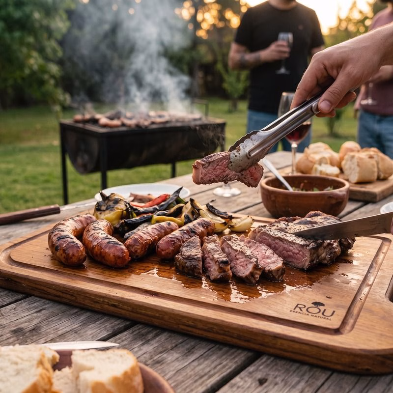 Persona sirviendo y cortando carne asada sobre una tabla de madera de roble apellinado de ROU Chile, acompañada de embutidos y vegetales asados.