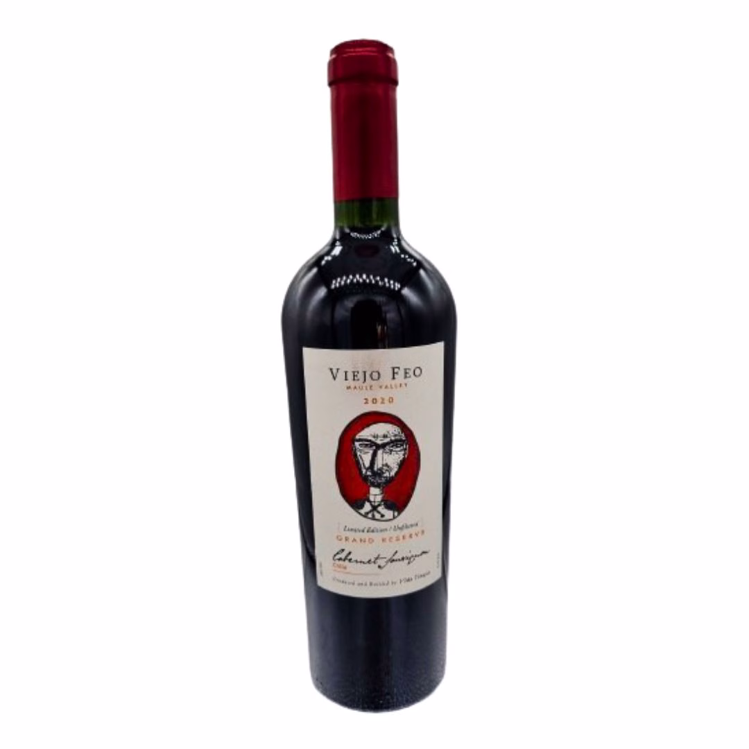 Botella de vino tinto Viejo Feo Gran Reserva Cabernet Sauvignon del Valle del Maule, año 2020.