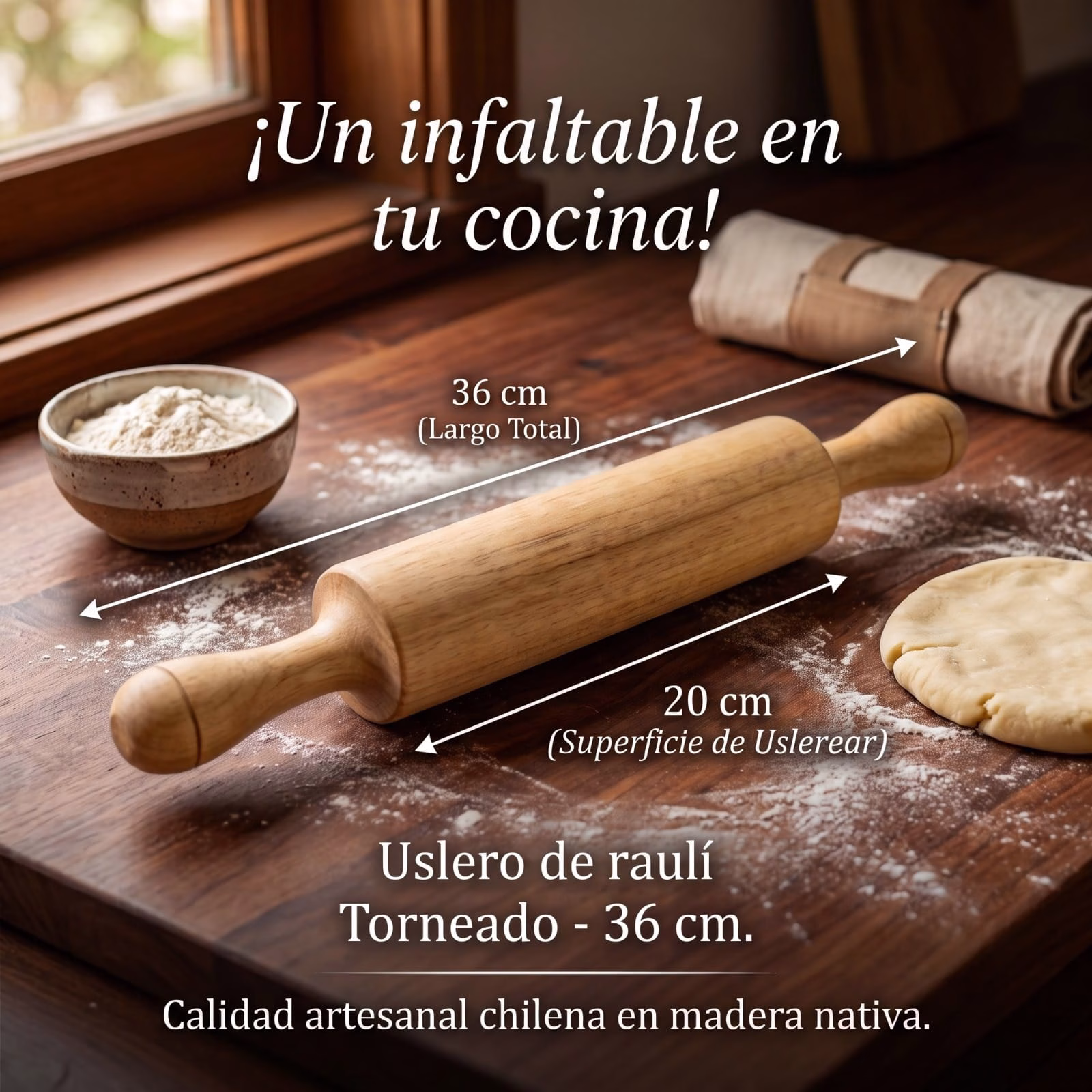 Uslero de madera nativa de raulí torneado de 36 centímetros sobre tabla de cocina.
