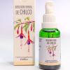 Frasco gotero y caja de infusión herbal de Chilco (Fuchsia magellanica), Chillco, con ilustración botánica sobre fondo blanco.