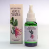 Frasco gotario y caja de la Infusión Herbal de Quitral de Maqui (Tristerix tetrandrus), rodeado de elementos naturales.