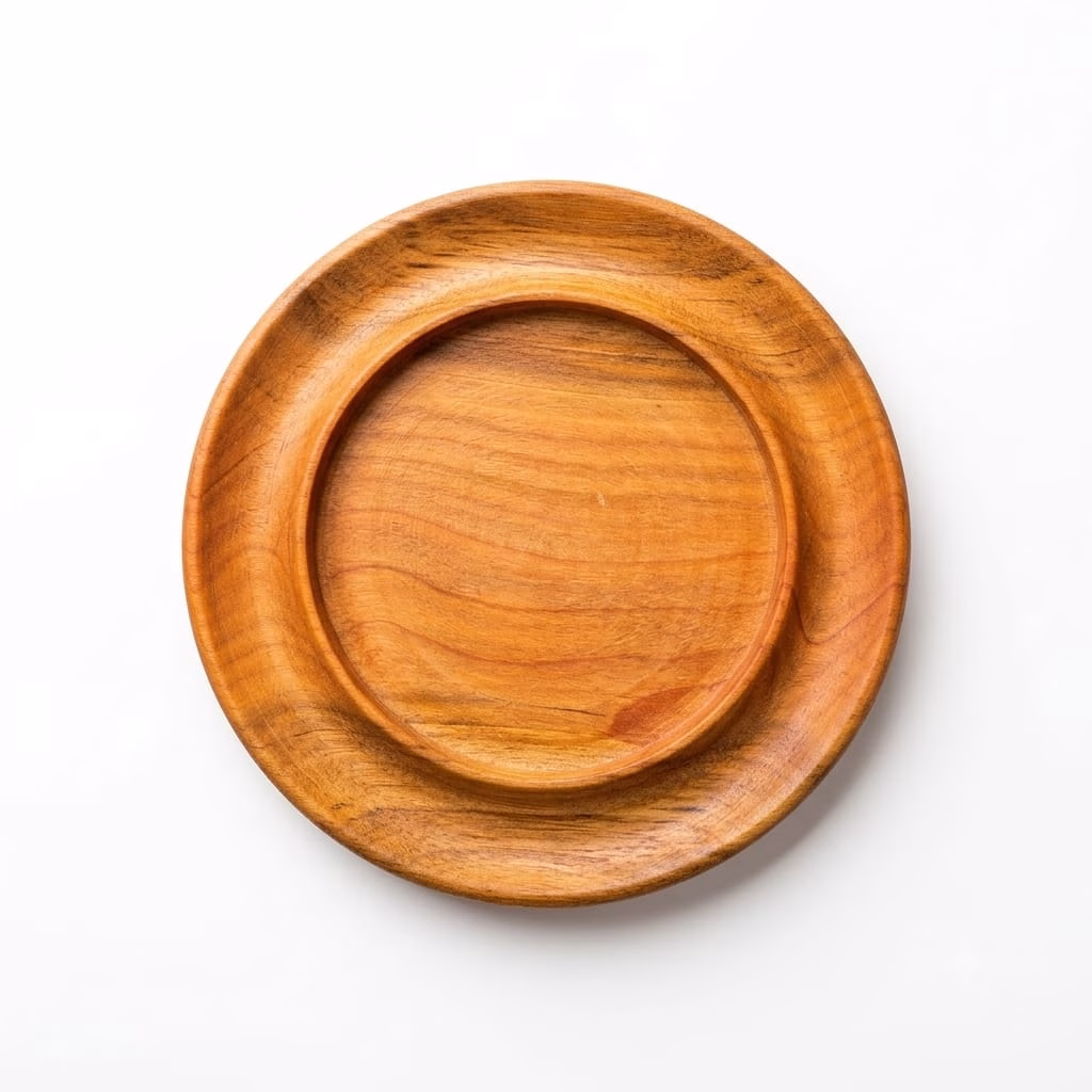 Vista superior plana de un posavasos redondo de madera de raulí mostrando sus vetas naturales y borde torneado