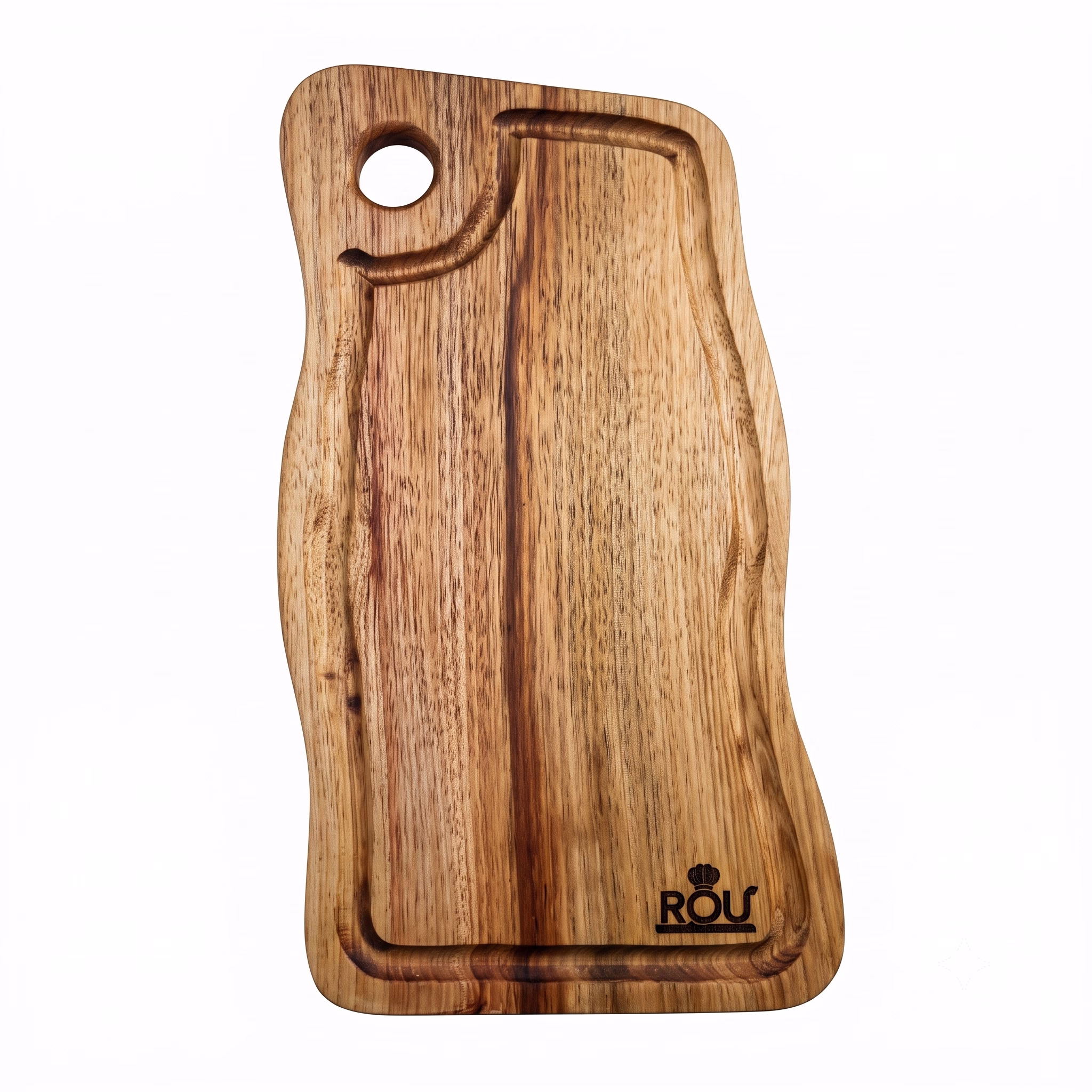 Vista superior completa de la tabla multiuso de madera de 35 cm con su borde natural y canal de goteo sobre fondo blanco aislada.