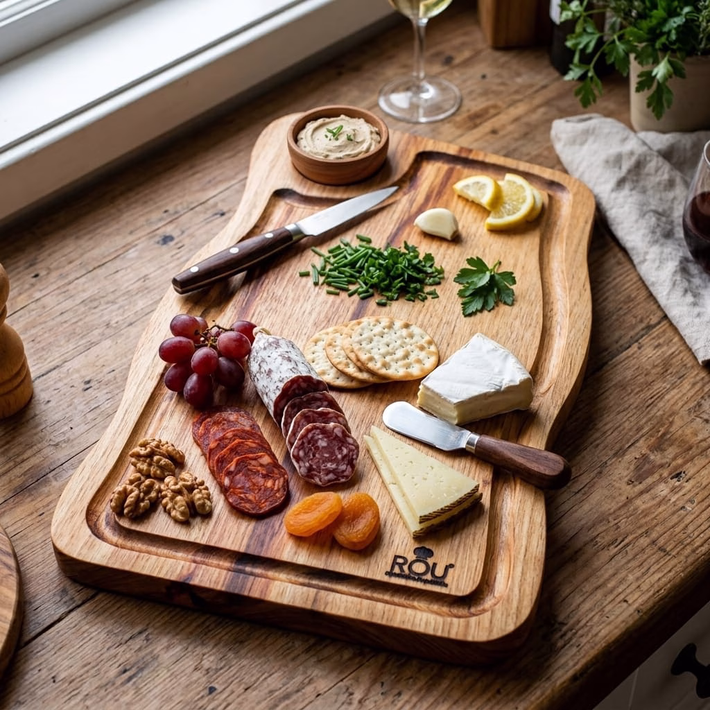 Tabla de madera multiuso Rou cargada con quesos, charcutería, uvas y galletas para un aperitivo sobre un mesón de cocina.