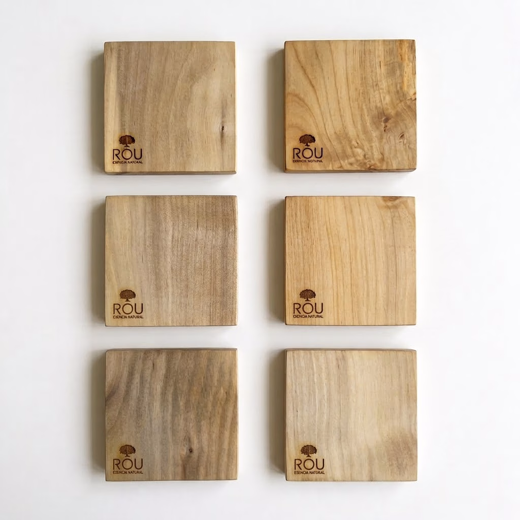 Seis posavasos cuadrados de madera nativa de laurel dispuestos en dos columnas sobre fondo blanco, cada uno con el logo ROU grabado.