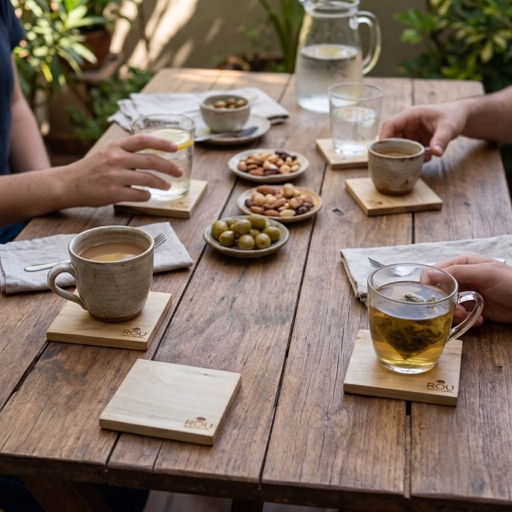 Personas compartiendo bebidas y aperitivos en una mesa de madera rústica al aire libre, utilizando posavasos cuadrados de laurel bajo sus tazas y vasos.