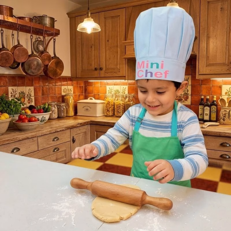 Niño pequeño con gorro de chef sonriendo mientras amasa con un uslero de madera nativa de raulí.